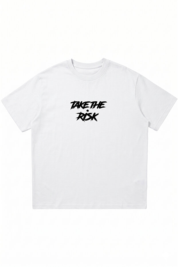 Take the Risk Printed White Oversize Crew Neck T-Shirt