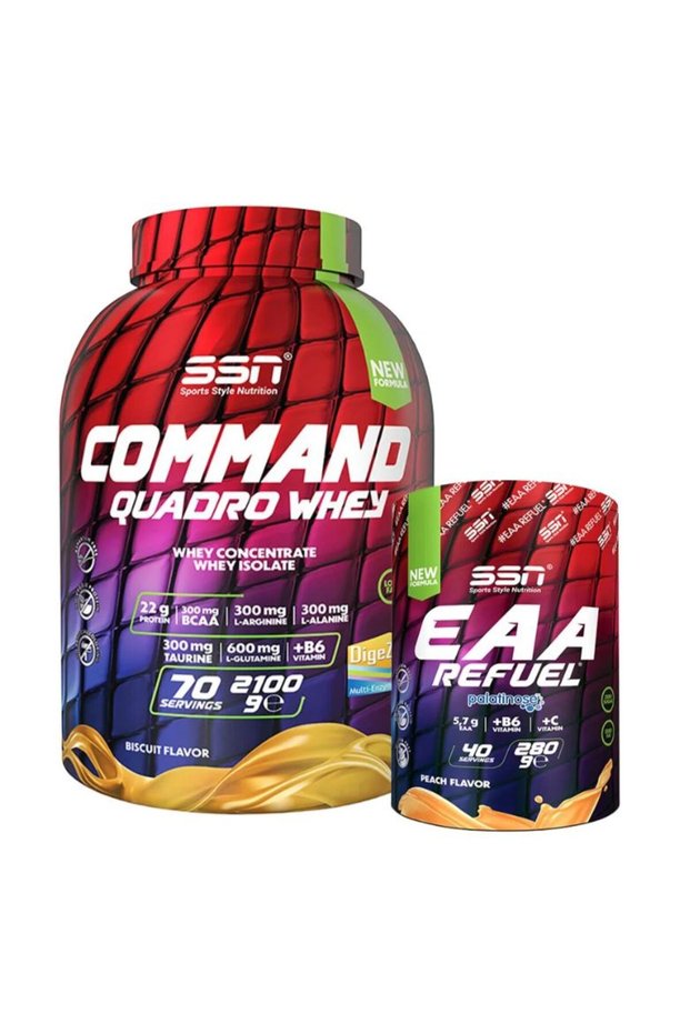 Ssn Muscle Development Package Command Quadro Whey 2100 Gr Biscuit + Ssn Eaa Refuel Peach