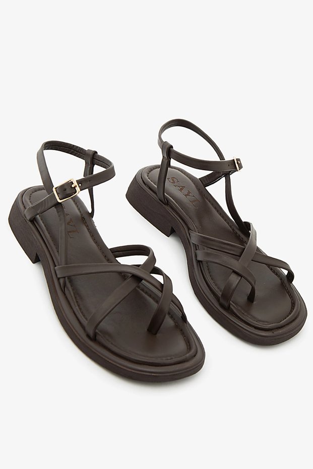 Brown Genuine Leather Cross-Strapped Short Heeled Women's Sandals