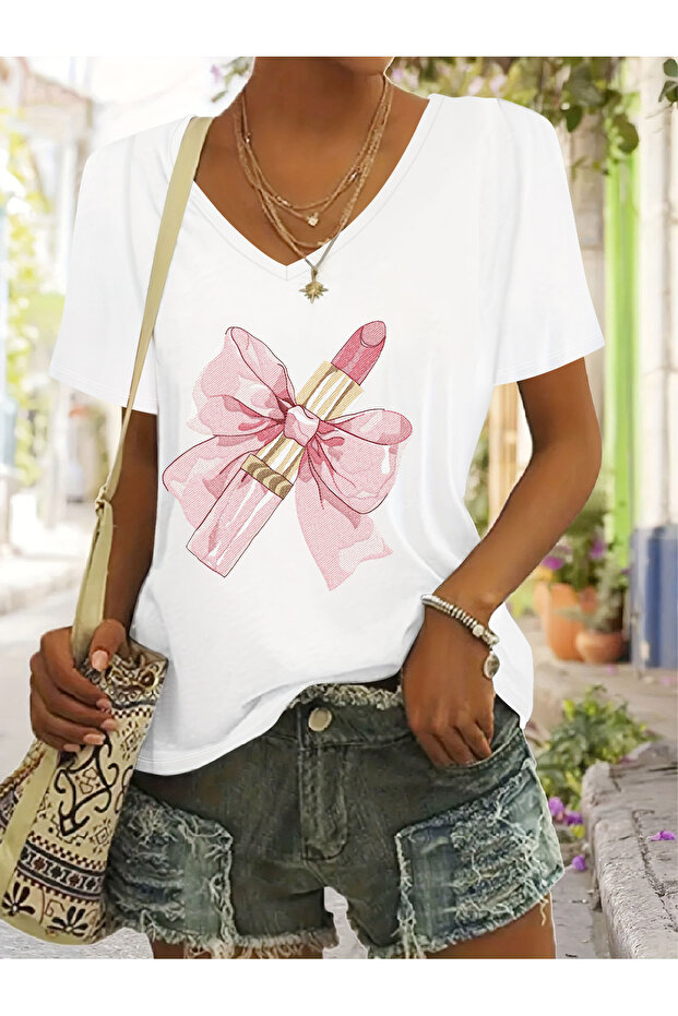 Women's Mix Printed V-Neck Sleeved Regular Fit Comfortable T-Shirt