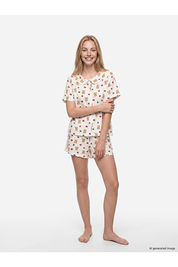 Lcw Young Ecru Baby Collar Teddy Bear Printed Women's Shorts Pajama Set