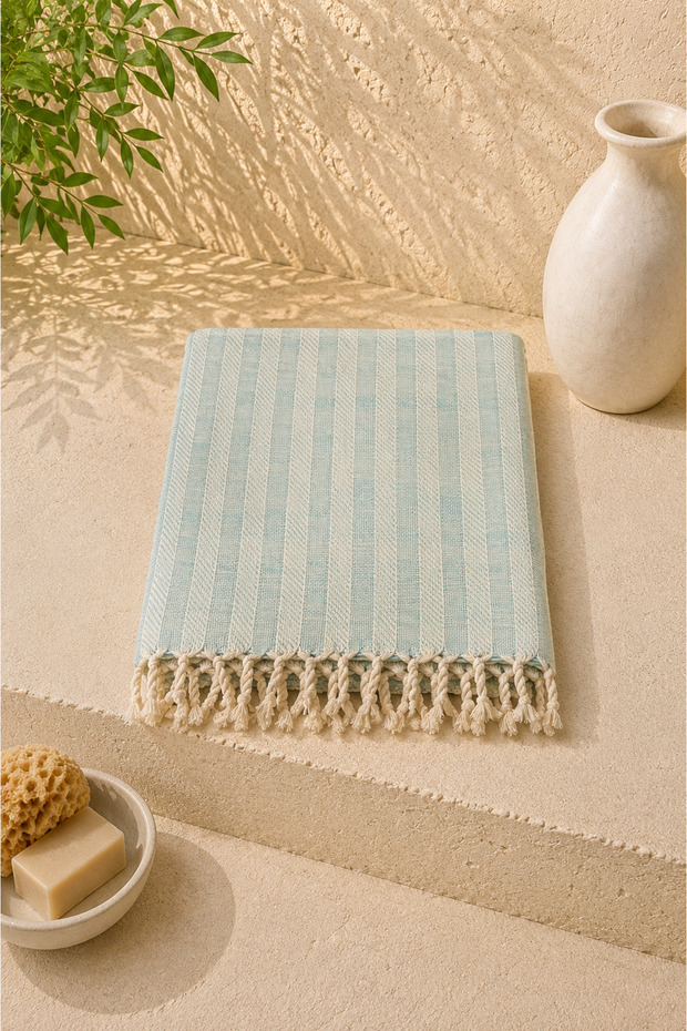 Handwoven Cotton - Linen Peshtemal 95 X 200 cm Ocean