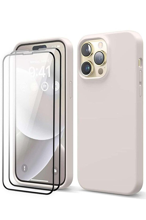 [3-in-1] iPhone 15 Plus Case Bundle – White Liquid Silicone Shockproof Case with 9H Tempered Glass