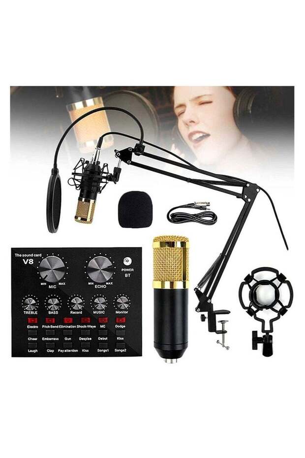 Microphone, Live Sound Card & BM800 Suspension Microphone Kit Broadcasting Recording Condenser
