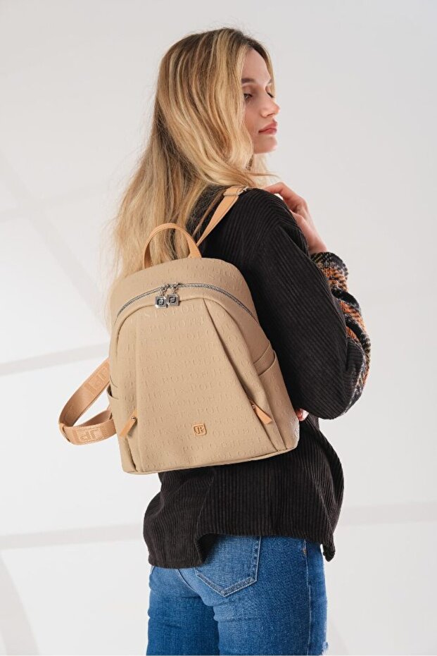 Women's Beige Backpack with Logo Print, Zipper Closure, Double Straps, Medium Size