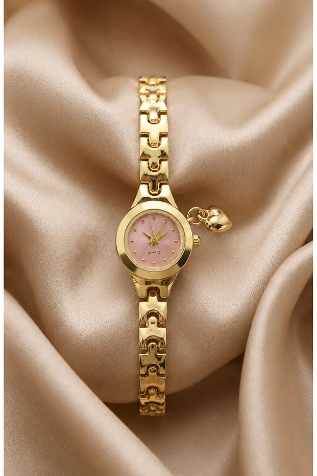Apolia Women's Gold Steel Band Pink Dial Heart Charm Detailed Luxury Elegant Women's Wristwatch 2026