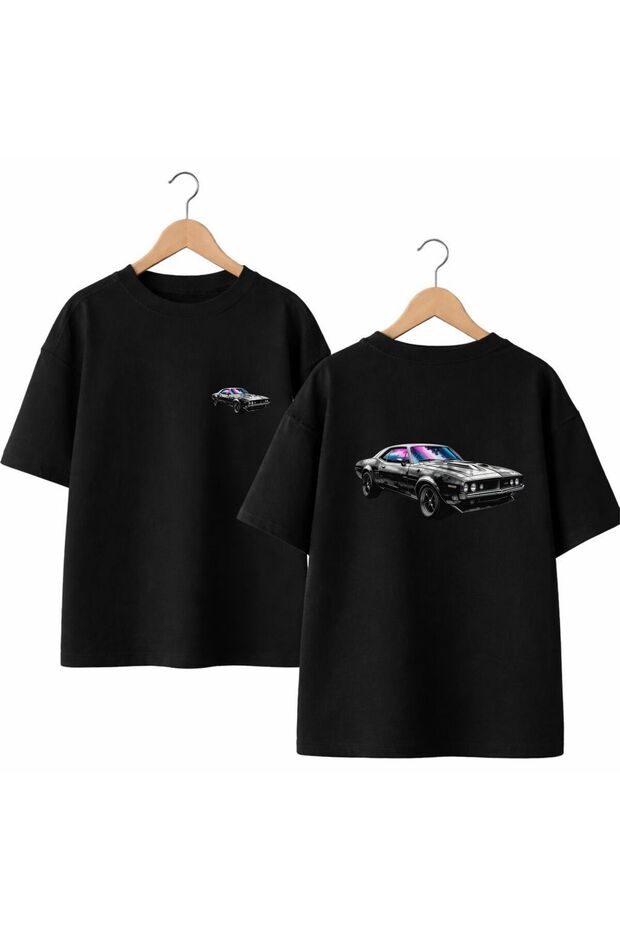 Automobile Back and Front Chest Printed 100% Cotton Oversize Loose Regular Fit Crew Neck T-Shirt