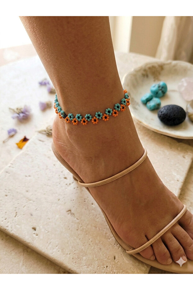 Flower Garden Turquoise Orange Colorful Anklet