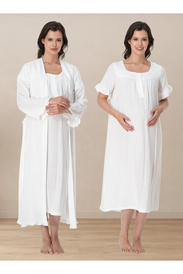 Comfortable Cut Muslin Fabric Maternity Set with Breastfeeding Features Effortt - Ecru