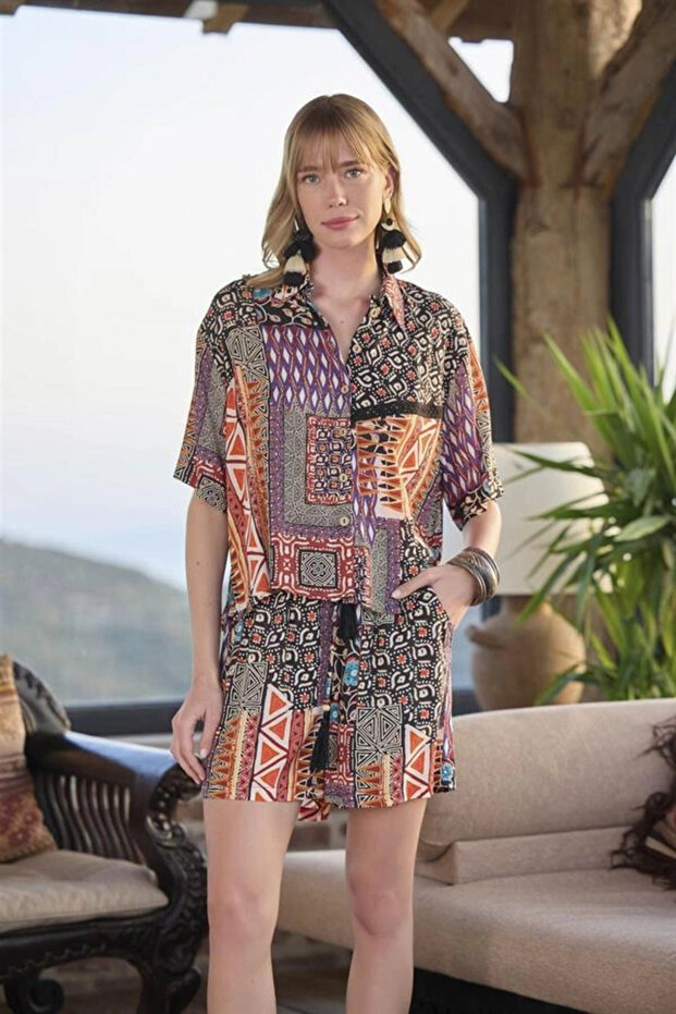 Ethnic Patterned Buttoned Front Bottom Top Set - 5