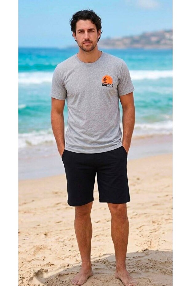 Printed Crew Neck Relaxed Fit Men's T-Shirt and Black Shorts Combination Set
