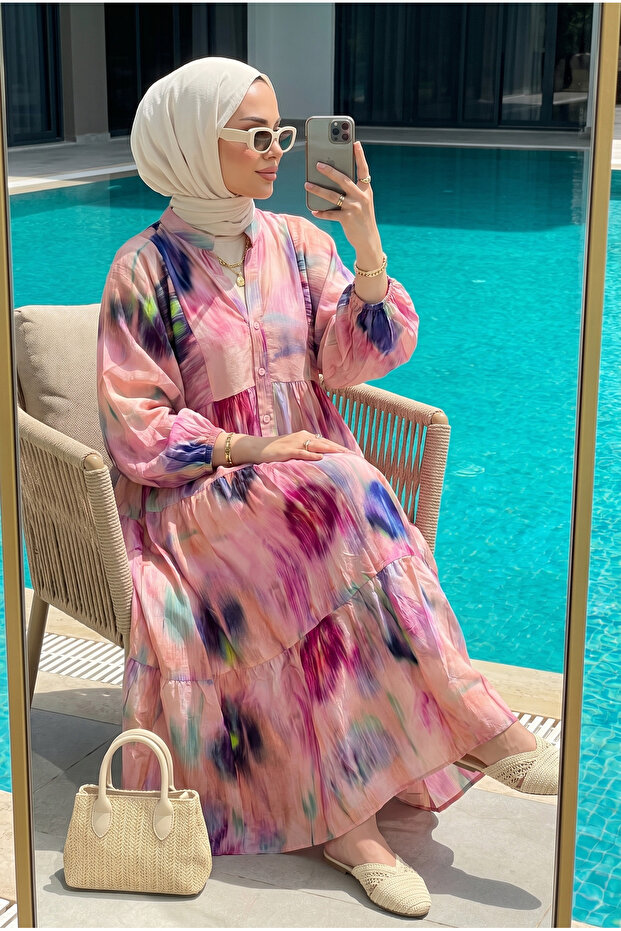 Women's Patch Patterned Layered Hijab Dress – Bohemian Long Dress (Unlined)