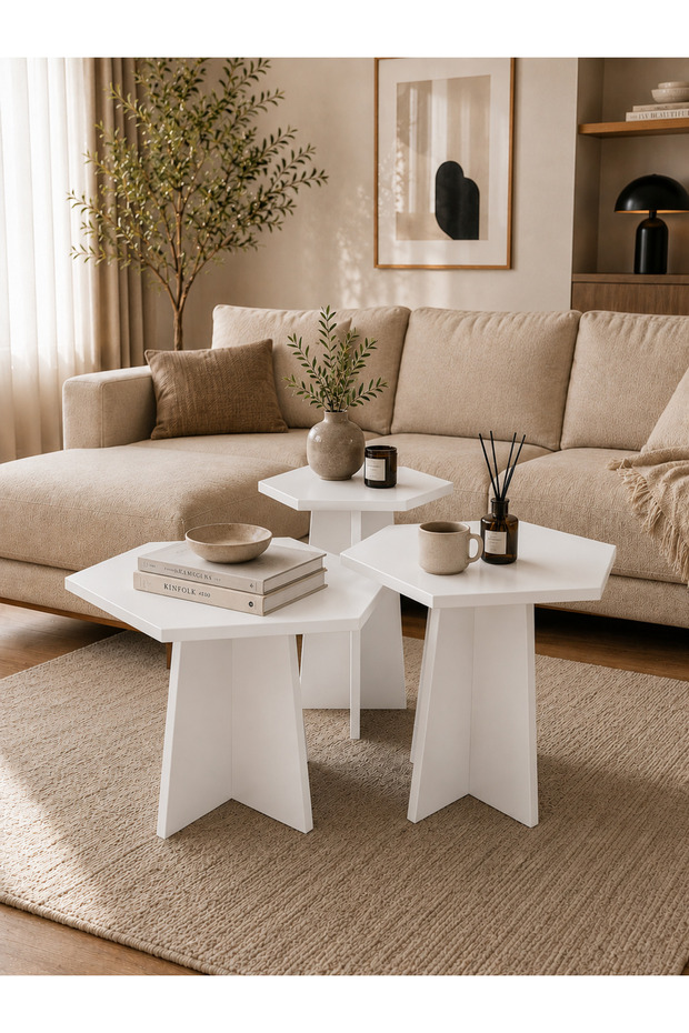 Zigon Coffee Table, Mushroom Hexagonal 3-Piece Zigon Coffee Table, Center Table Set, White Tabletop