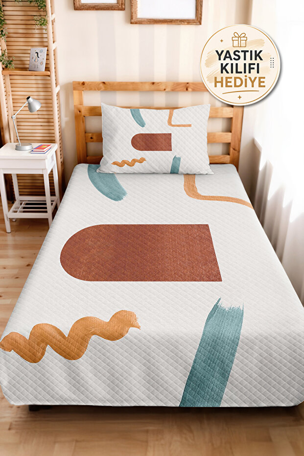 Geometric Beige Young Room Single Pique Set - Turquoise Tile 160X220 cm Quilted Bedspread