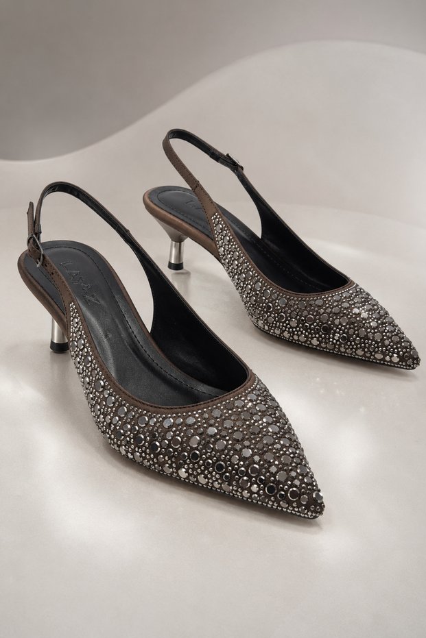 Women's Coffee Stone Open Back Evening Dress Shoes 5.5 cm Heel Comfortable Full Fit.