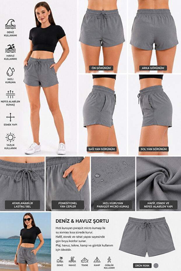 Women's Pool Swim Shorts Black with Pockets and Elastic Waist