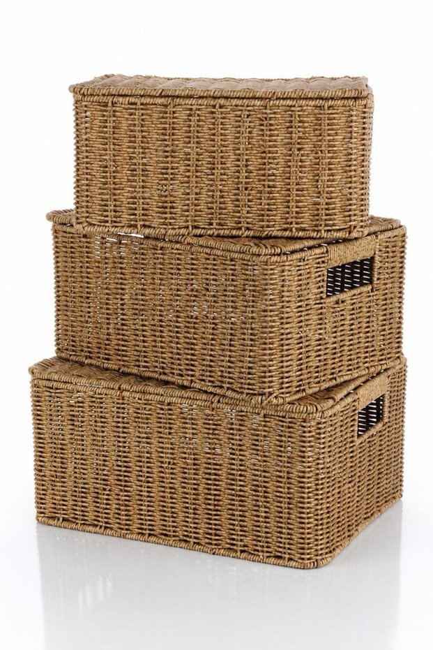 Rattan 3-Piece Covered Chest Set Wicker Storage Box Large Medium Small Size Decorative Organizer Basket