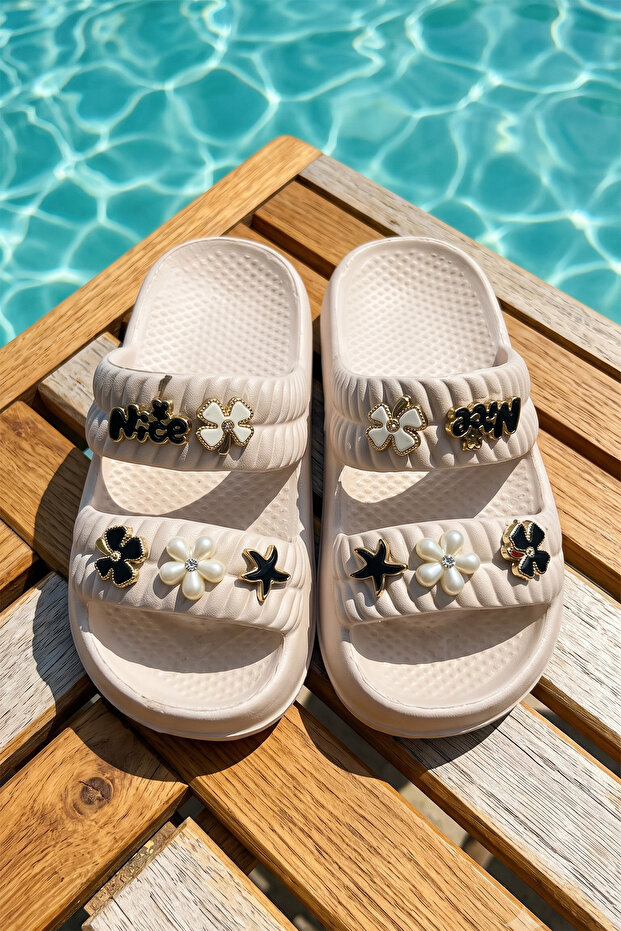 Children's Stone Detailed Slippers 333-433 Beige