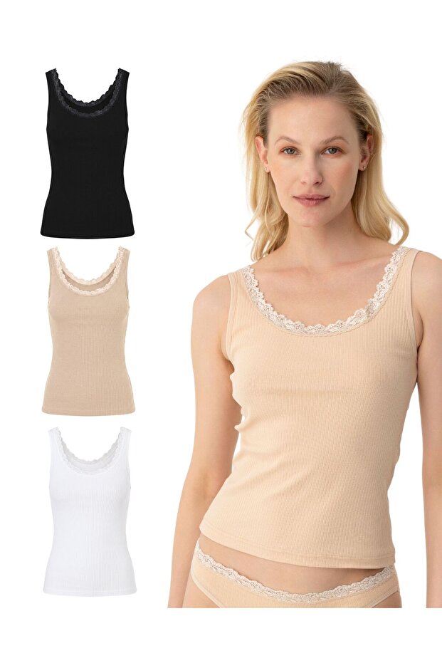 Women's Organic Cotton 3-Piece Lace Ribbed Thick Strap Undershirt