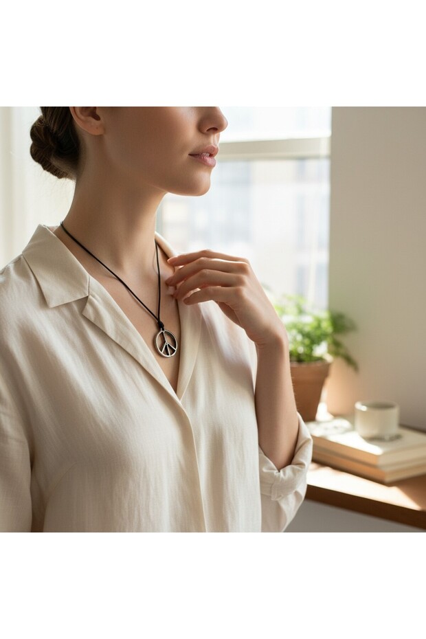 Unisex with Chrome Symbol Figure - Adjustable Peace Minimalist Talisman Necklace with Oiled Cotton Cord