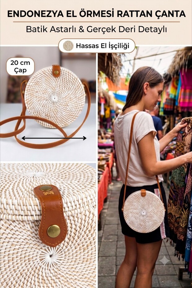 White Genuine Rattan Shoulder Bag 20 cm - Round Wicker Summer Bag with Brown Leather Strap and Snap Closure