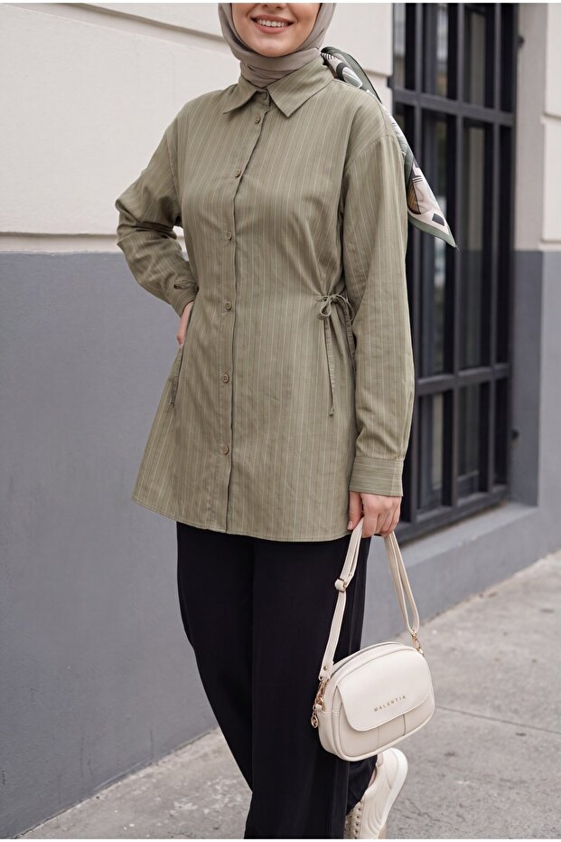 Striped Buttoned Modal Tunic with Side Laces -Khaki