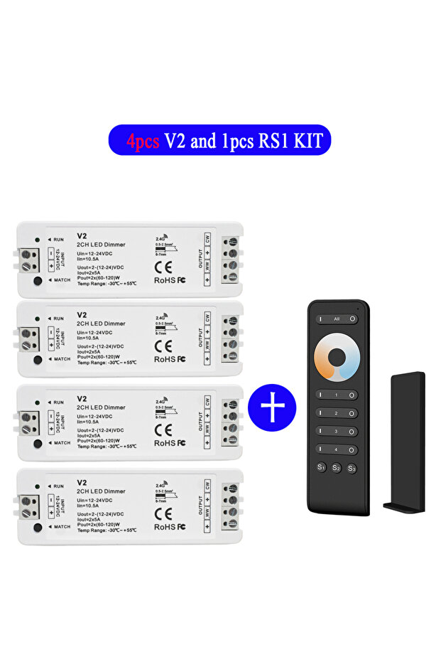 طقم 4xV2 و RS2 لتحكم في إضاءة LED بـ 4 مناطق، جهاز تحكم ثنائي اللون بتيار مستمر 12 فولت و24 فولت، وحدة تحكم LED ثنائية القناة V2 مع عجلة لمس 2