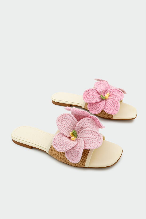 Kerry Handmade Floral Detailed Women's Pink Flat Slippers