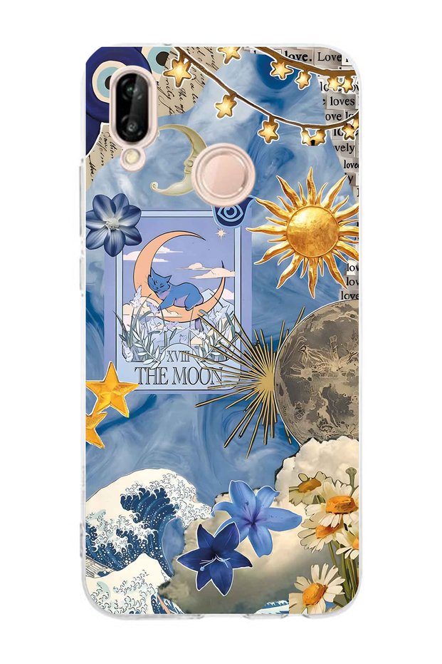 Huawei P20 Lite Compatible Moon Sun Vintage Sky Pattern Transparent Phone Case