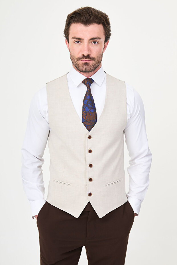 Straight Slim Fit Classic Men's Vest Beige - 40964.26Y