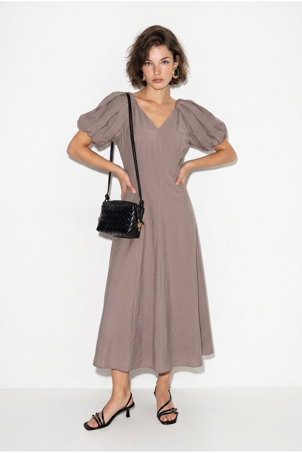 Women's Smoke V-Neck Waist Fitted Balloon Sleeve Midi Modal Dress 2796 60286413