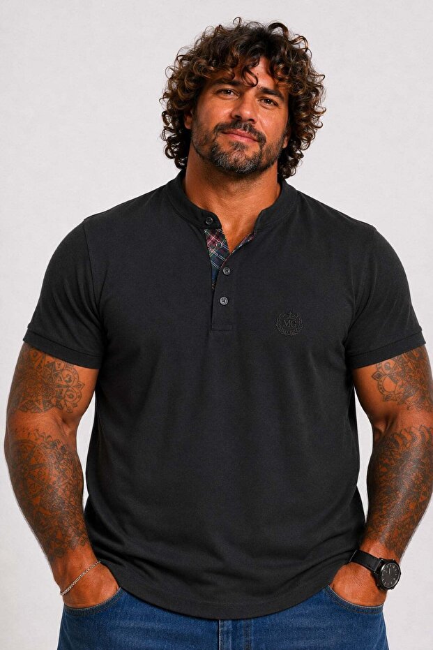 Men's Large Size Single Jersey Polo T-Shirt with Stand Collar 26400 Black