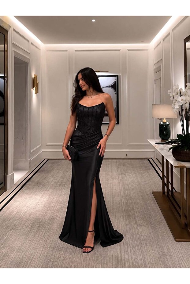 Black String Strap Beaded Embroidered Bodice Slit Evening Dress 583402