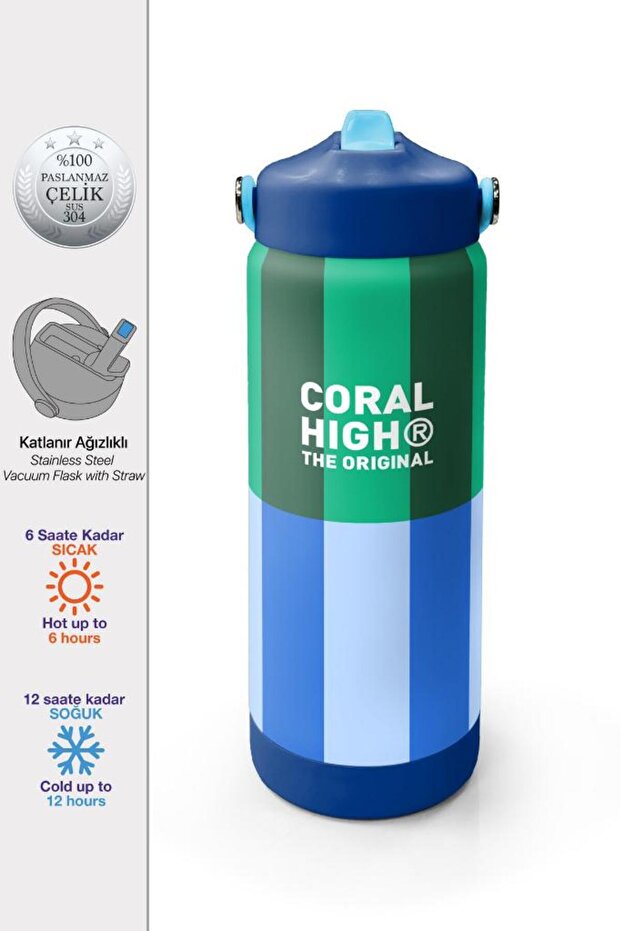 Blue Green Line Patterned Steel Thermos with Folding Spout 650 ml 38311