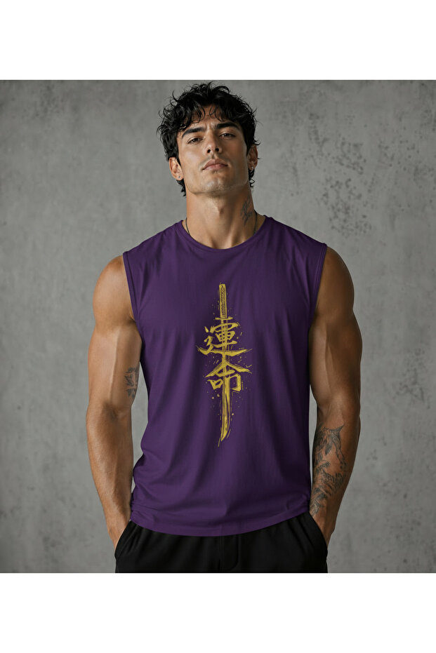 Men's Vertical Japanese Katana Sword Printed Zero Sleeve Round Neck Purple Sports T-Shirt / Tshirt