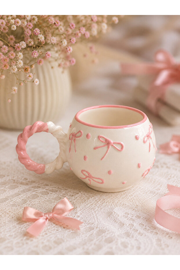 Knitted Bubble Pink Bow Patterned Special Embossed Fully Handmade Ceramic Mug
