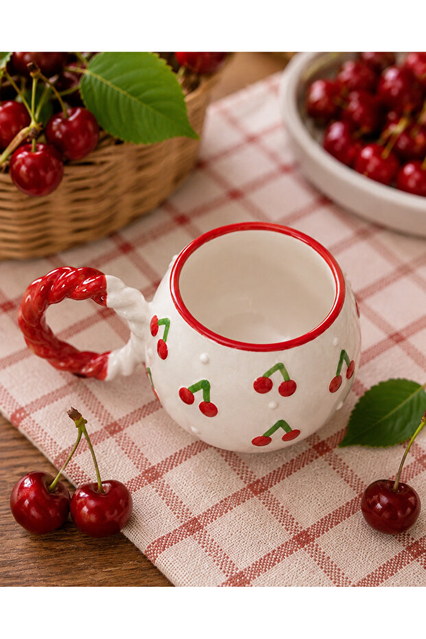 Knitted Bubble Cherry Patterned Special Embossed Fully Handmade Ceramic Mug - 2