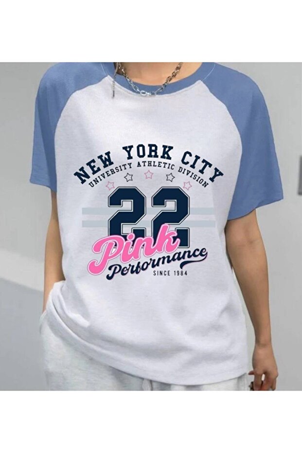 New York City 22 Pink Printed Blue Raglan Sleeve T-Shirt