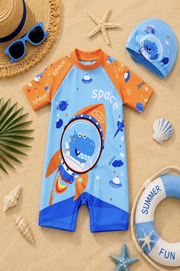 New Season Cute Character Printed Uv Protection Bonded Quick Dry Boys' Jumpsuit Swimsuit