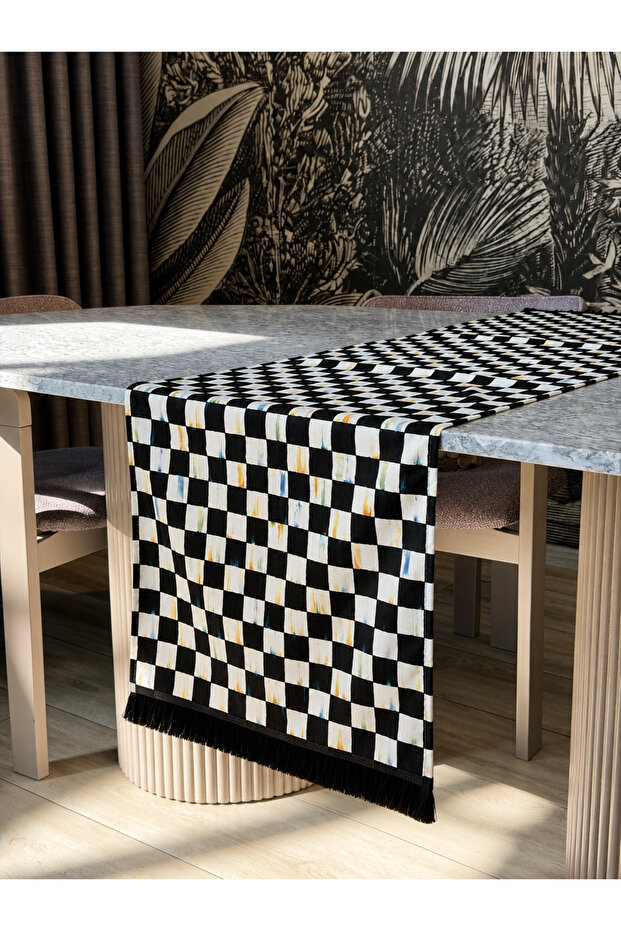 Checkered Floral Modern Decorative Printed Fringed Runner 1 Piece 40X140Cm (Skscr-66)