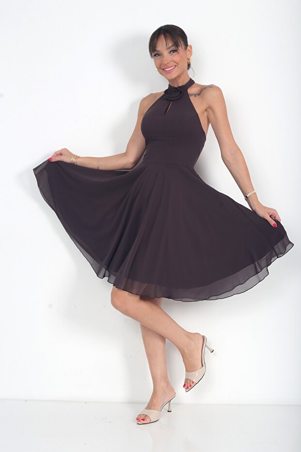 Women's Halter Neck Rose Detailed Lined Chiffon Short Dress