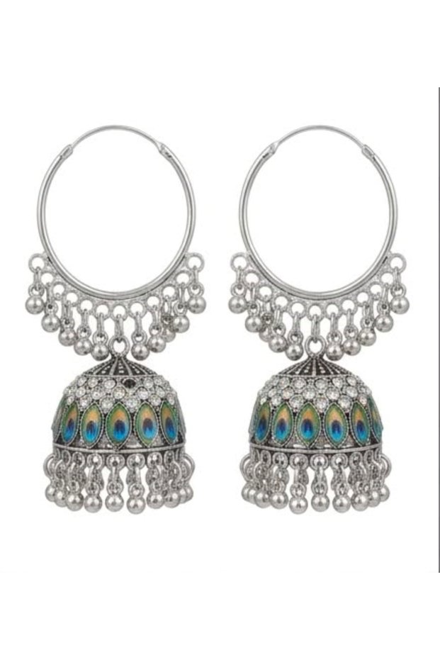 Indian Traditional Peacock Enamel Hoop Jhumka Earrings | Silver Oxidized Meenakari Peacock Feather Jhumki with Crystal Accents | Ethnic Boho Chandelier Earrings