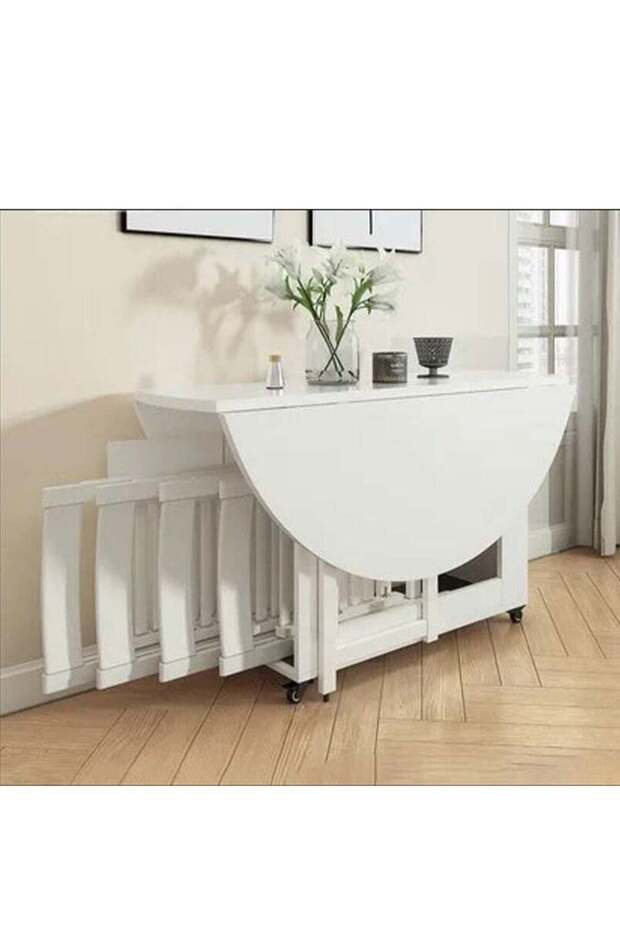 Foldable Dining Table Set with 4 chairs, 1 Storage Space, Space Saving for Home Living Room and Kitchen, Round White