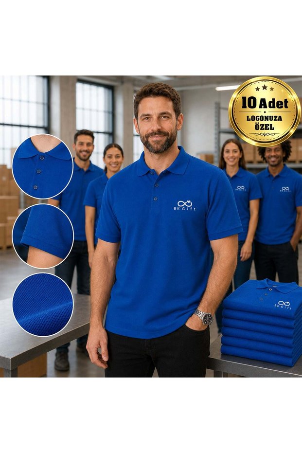 10 Blue Polo Collar T-Shirts with Your Logo - Cotton Unisex Corporate T-Shirt