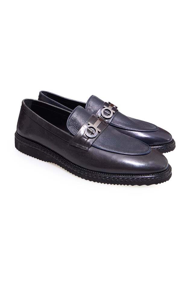 Dark Blue Color Laceless Genuine Leather Men's Shoes