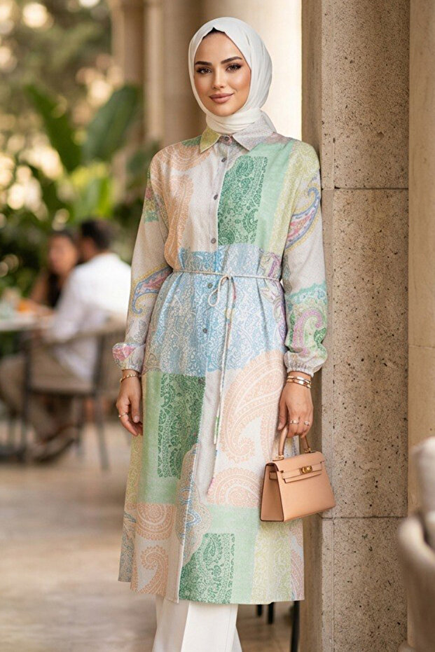 Ethnic Shawl Patterned Green Hijab Tunic 95732Y