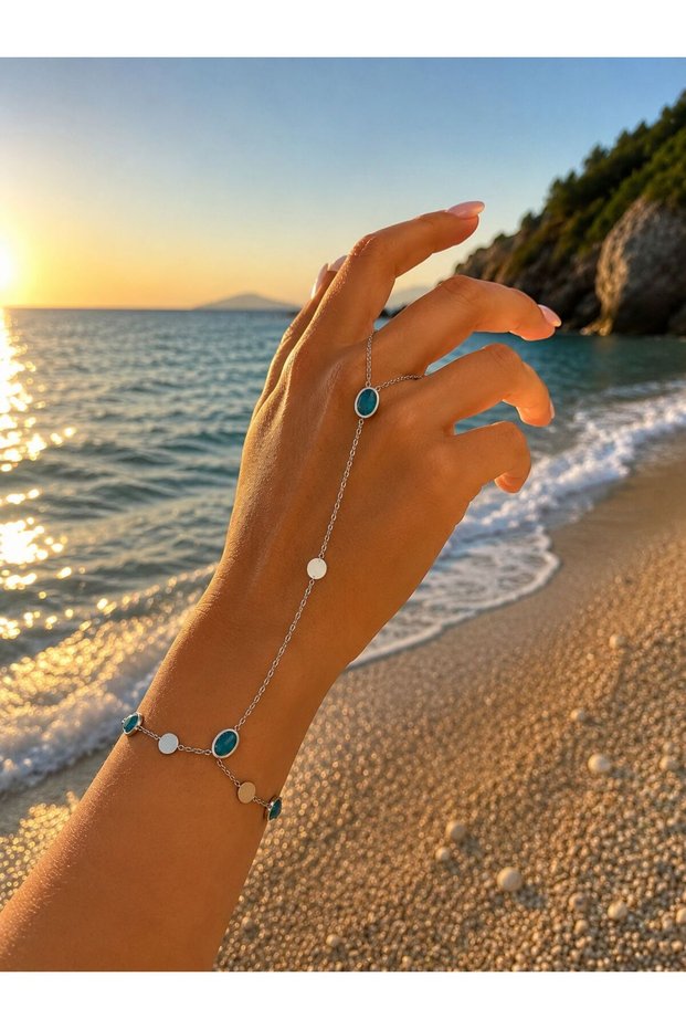 Blue Stone Detailed Silver Color Steel Şahmeran Hand Chain Women's Bracelet