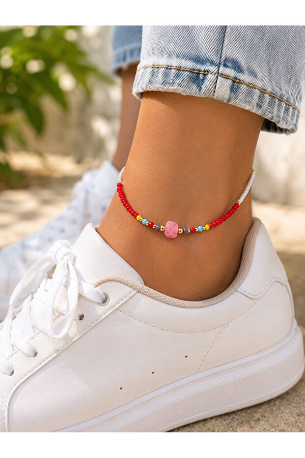 Pink Stone, Colorful Beaded Anklet 23+4cm Acr9847