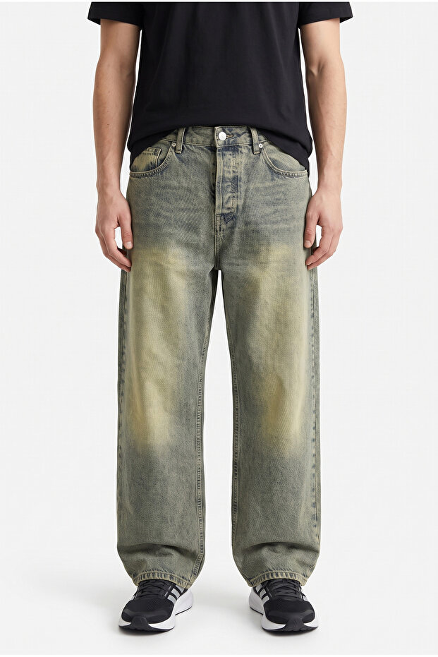 Men's Washed Detailed Baggy Jean Beige
