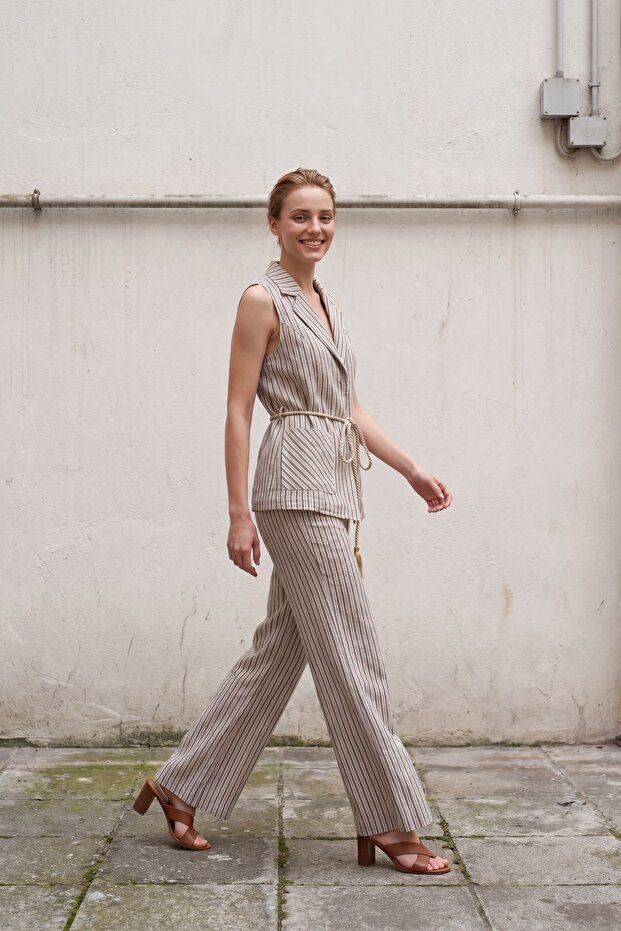 My Fashion Striped Shawl Collar Vest and Wide Leg Pants Set